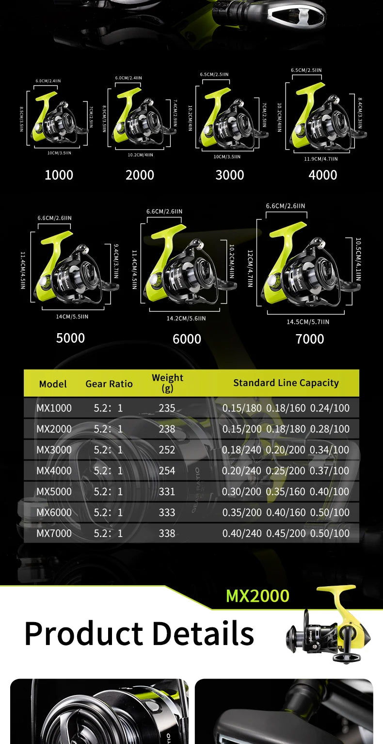 Rooblinos MX Spinning Fishing Reel 5.2:1 Gear Ratio 2+1BB Lightweight Smooth Drag Anti-Reverse for Saltwater Freshwater