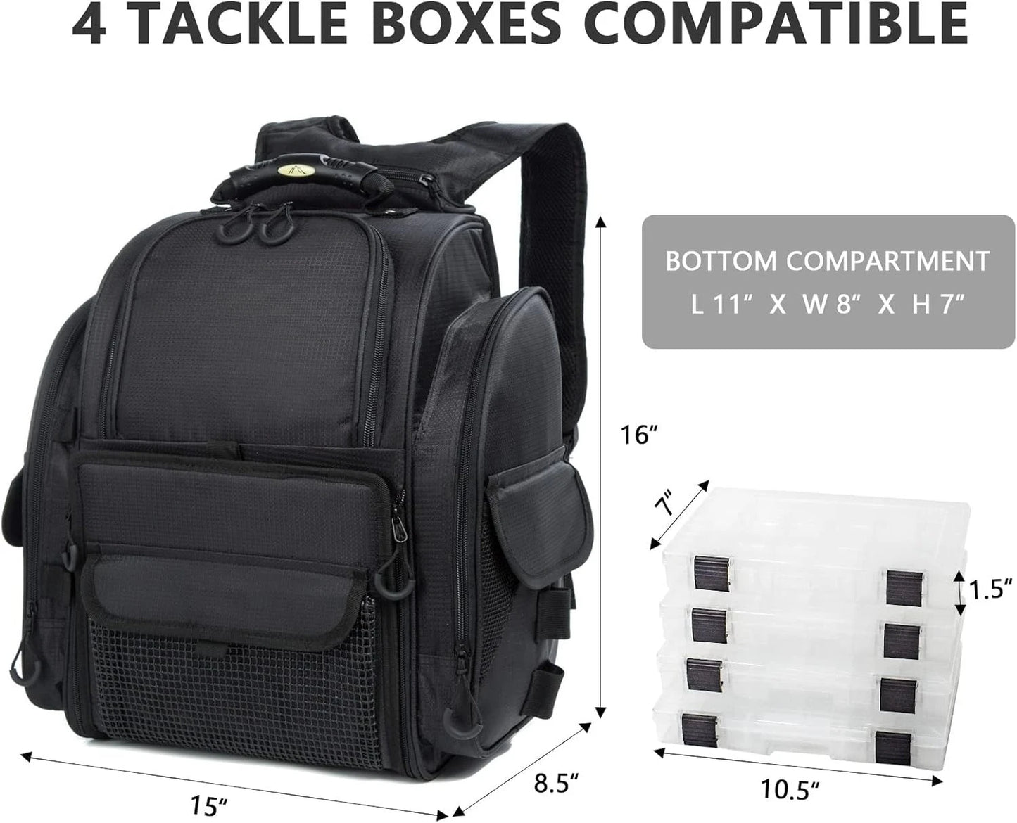 Fishing Tackle Bag Backpack for Men with 4 Tackle Boxes, 2 Rod Holder, Rain Cover, Large Fishing Equipment Gear Bags for Camping