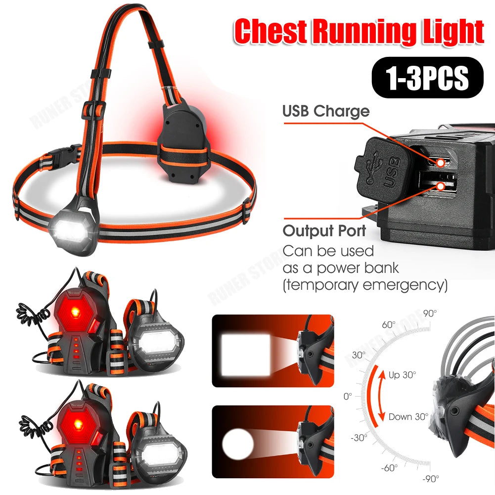 WEST BIKING Portable Sport Running Chest Lamp 3 Gear for Cycling Fishing Hiking Camping Multifunctional Night Running Flashlight