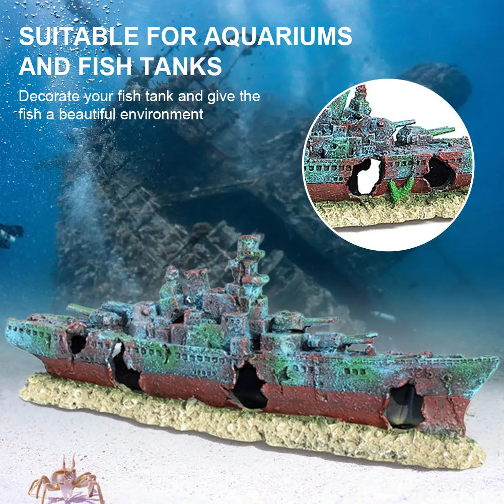 Aquarium Resin Sunken Pirate Ship Reusable Creative Warship Wreckage Warship Ornament for Fish Tank Cave Decor Accessories