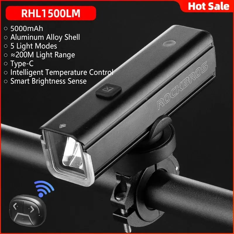 ROCKBROS Bicycle Light 1500LM 5000mAh Type-C Charging Bike Light Smart IPX6 Aluminum Alloy Light Front Lamp Cycling Headlight