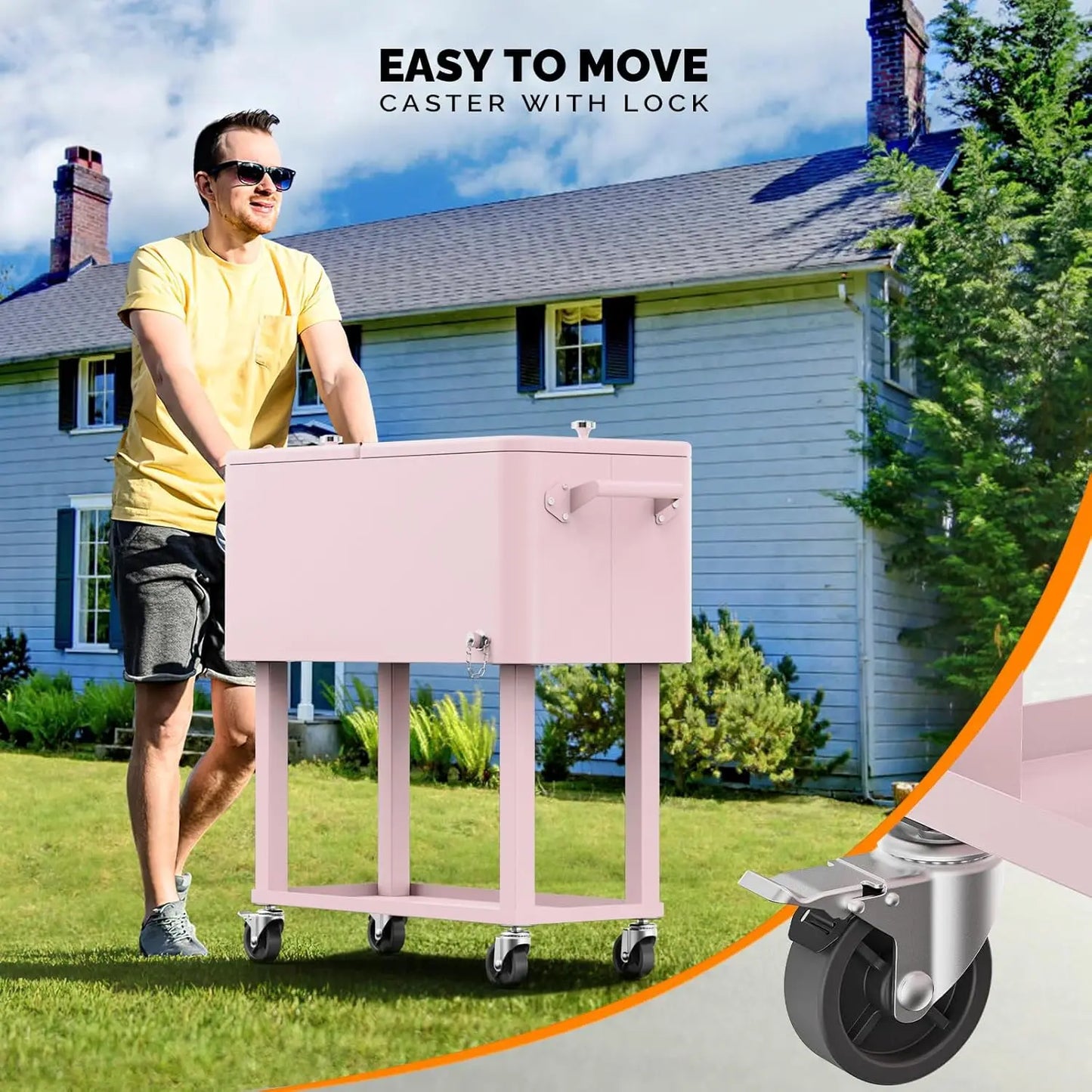 80 Quart Rolling Ice Chest, Portable Patio Party Bar Drink Cooler Cart, with Shelf, Beverage Pool with Bottle Opener