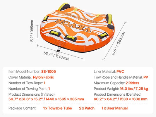 SucceBuy 1-2Riders Towable Tubes for Boating Inflatable Towable Tube for Boat to Pull 340lbs Boat Tubes with Fin for Water Sport