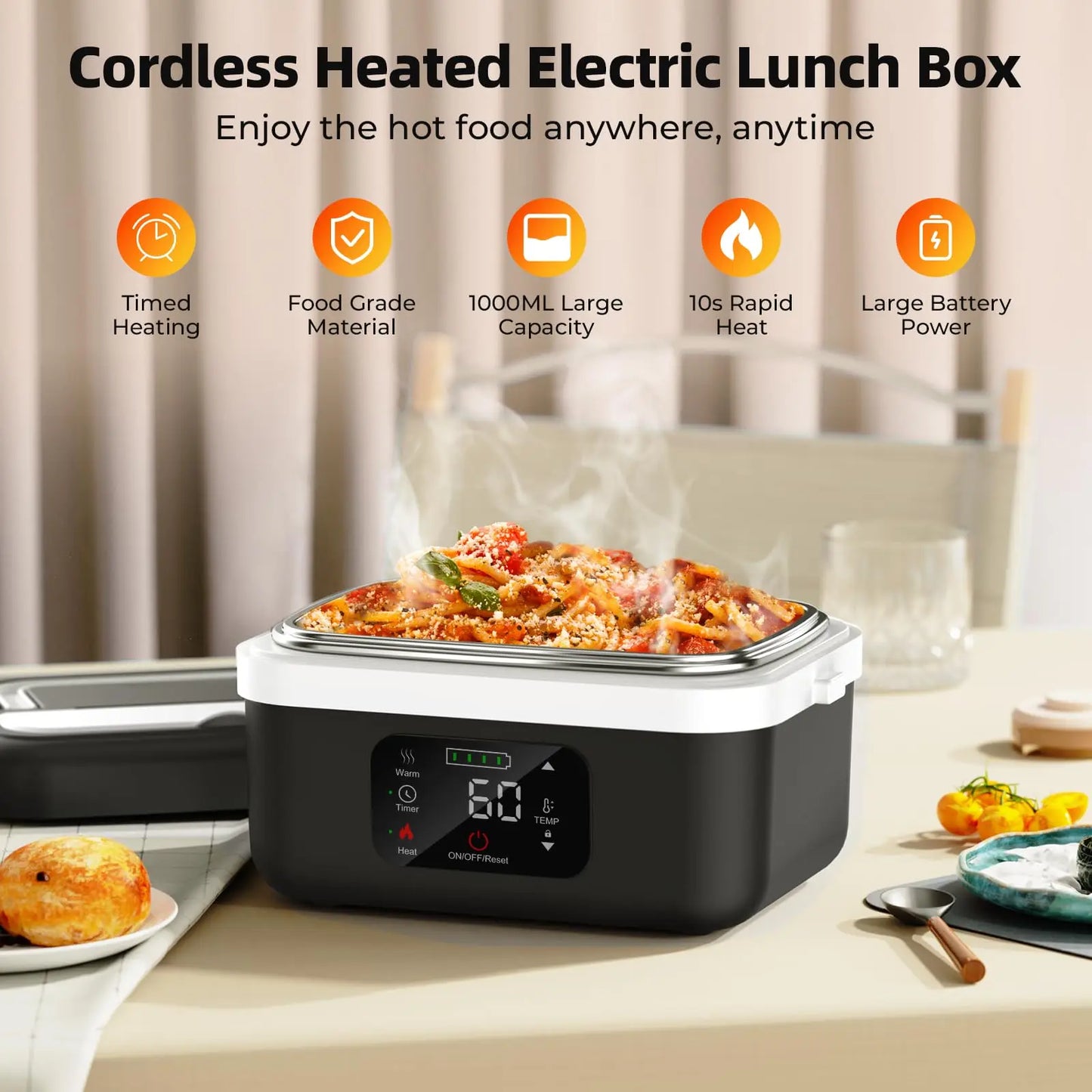 Wireless Electric Insulated Lunch Box - Built-in 8000mAh Battery, 60W Heating Lunch Box 1L Stainless Steel Lunch Box Food Warmer