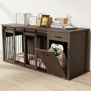 Large Wooden Double Dog Crate with Storage Drawers for 71 Inch, Suitable for Two Dogs