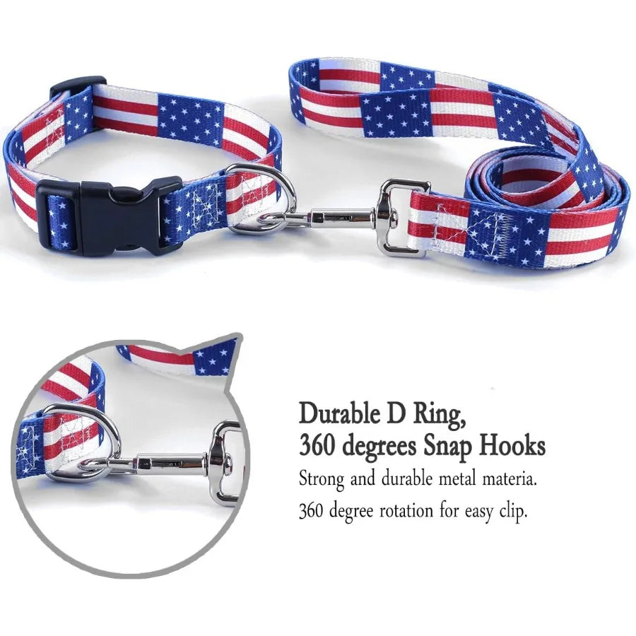 2PCS Cat Dog 4th of July Collar and Leash Set Pet Gift Adjtable Dogs American Flag Collars for Small to Large Pets Large