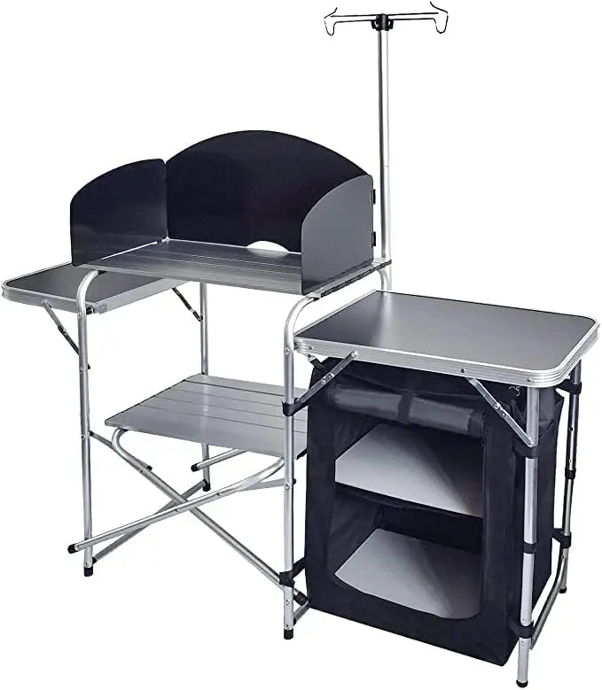 Folding Cooking Table Outdoor Portable Cook Station Aluminum Camping Kitchen with Storage Organizer Windscreen Hooks for BBQ Par