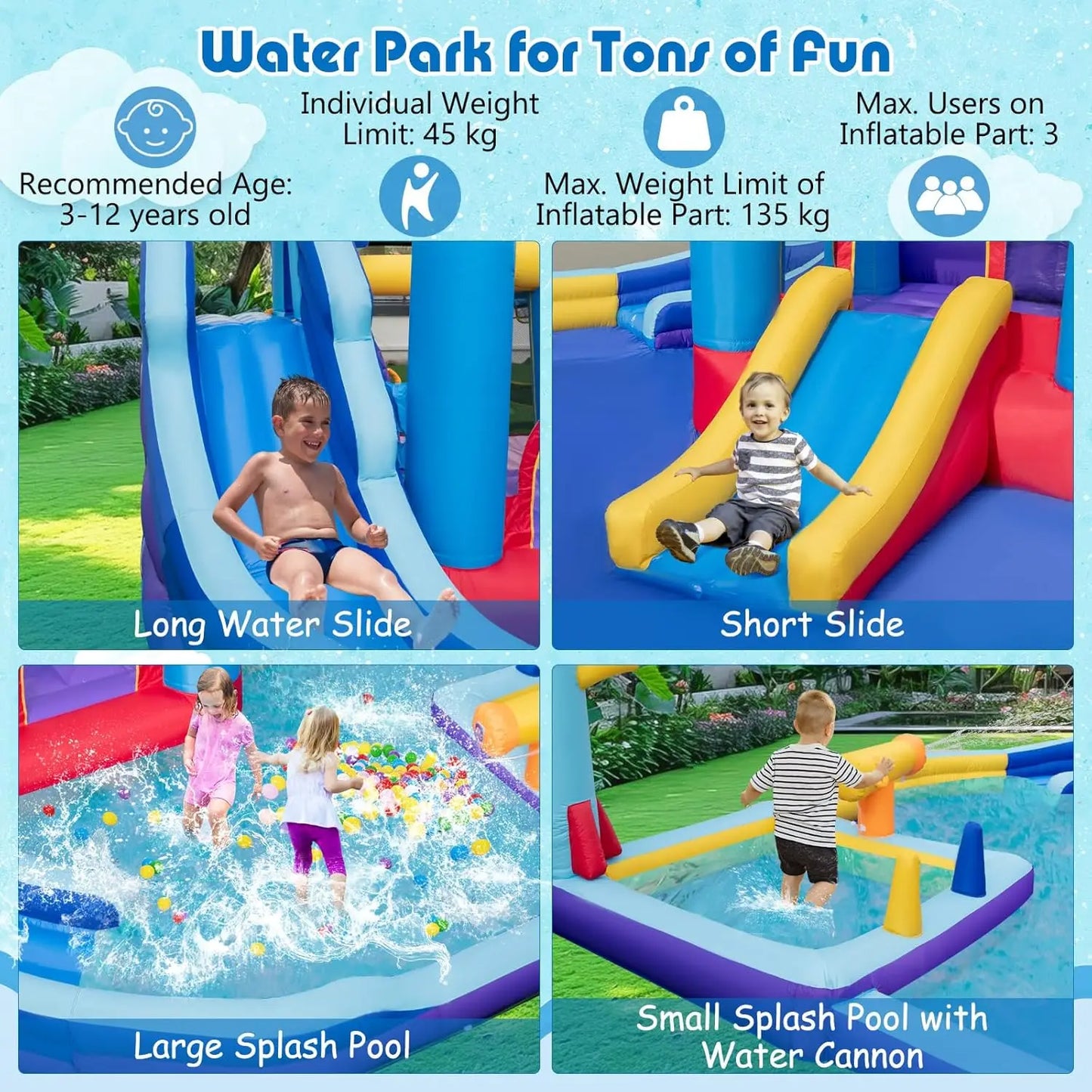 Inflatable Water Slide, Giant Waterslide Park Bounce House w/Dual Slides, Splash Pool, Volleyball & Football Goal, Blow Up Water