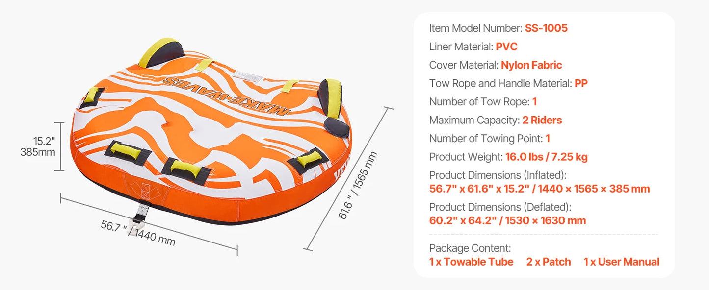 SucceBuy 1-2Riders Towable Tubes for Boating Inflatable Towable Tube for Boat to Pull 340lbs Boat Tubes with Fin for Water Sport