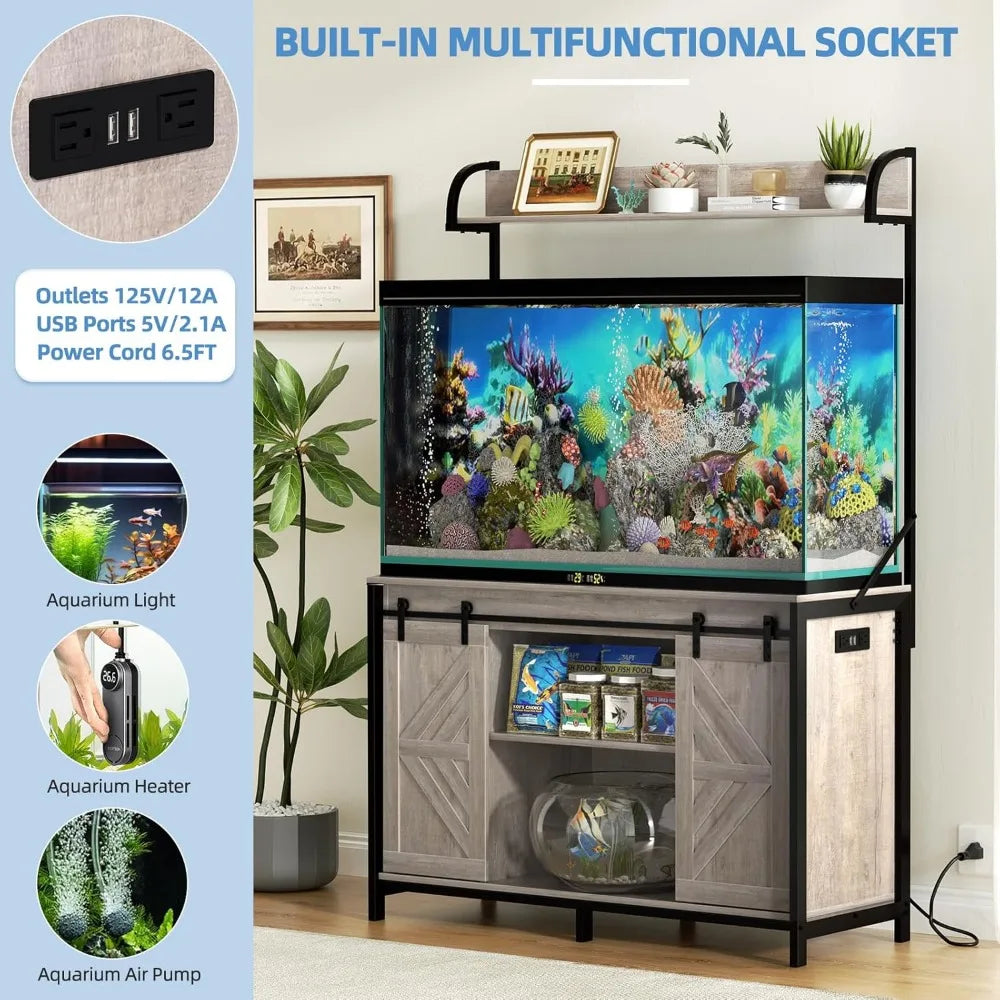 55-75 Gallon Fish Tank Stand with Power Outlets, Heavy Duty Metal Frame Aquarium Stand with Barn Door, Turtle Reptile Terrariums