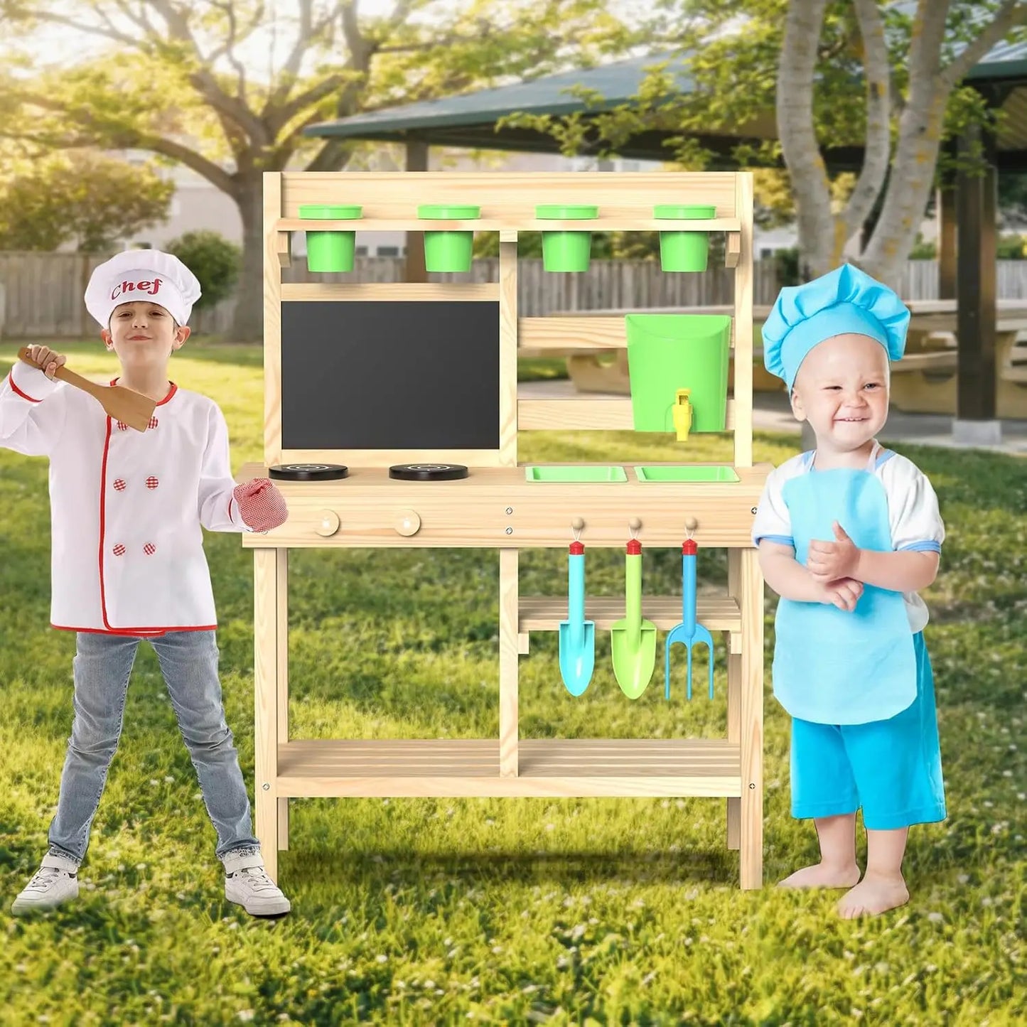 Cedar Wood Outdoor Play Kitchen for Kids, Mud Kitchen with Water Faucet, Dual-Sided Chalkboard, Storage Shelves, Cups, Removable