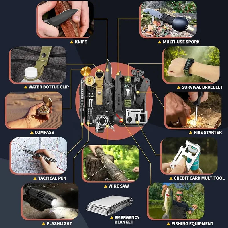 18in1 Multifunctional Emergency Equipment Outdoor Survival Kit Military Outdoor Travel Exploration Camping Tools First Aid Kits