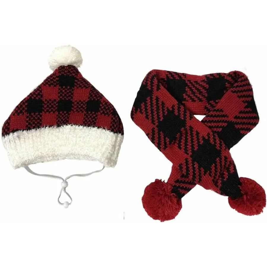 Red Buffalo Plaid Dog Christmas Hats Scarf Santa Accessory Costume for Pets Knitted Christmas Hat Scarf Set 2 Pack Large
