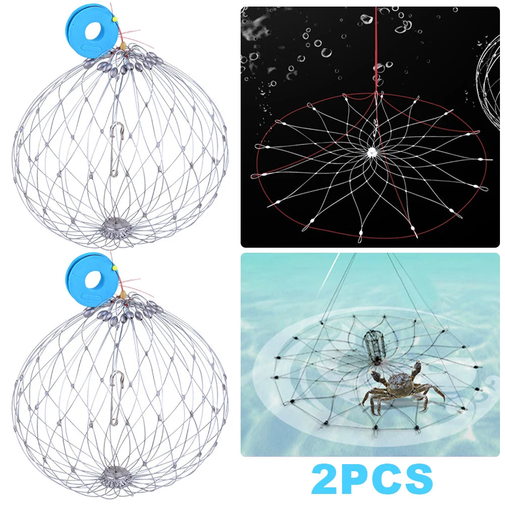 2Pcs Fish Baskets Steel Wire Crab Fishing Traps for Saltwater Seawater (20 wire)