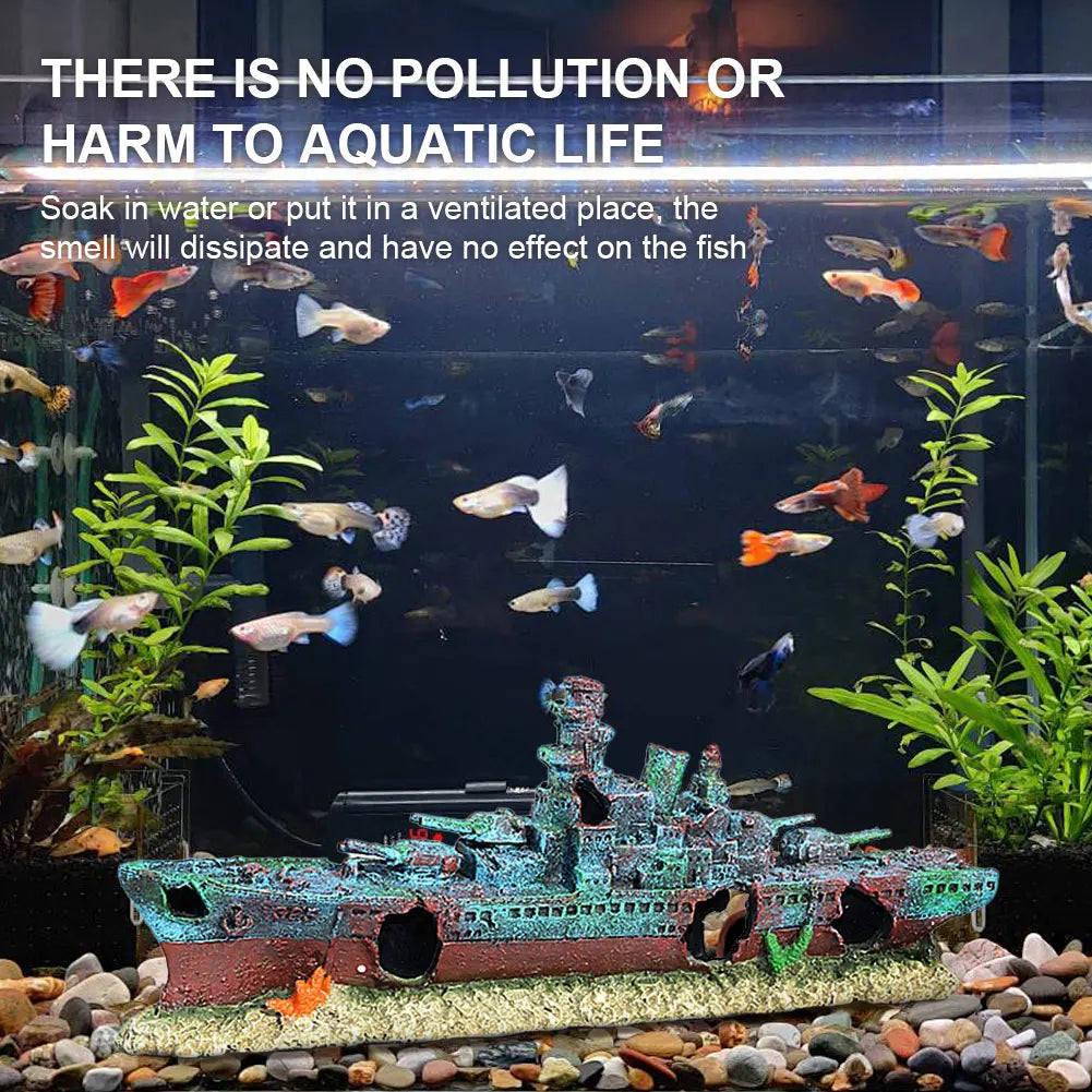 Aquarium Resin Sunken Pirate Ship Reusable Creative Warship Wreckage Warship Ornament for Fish Tank Cave Decor Accessories