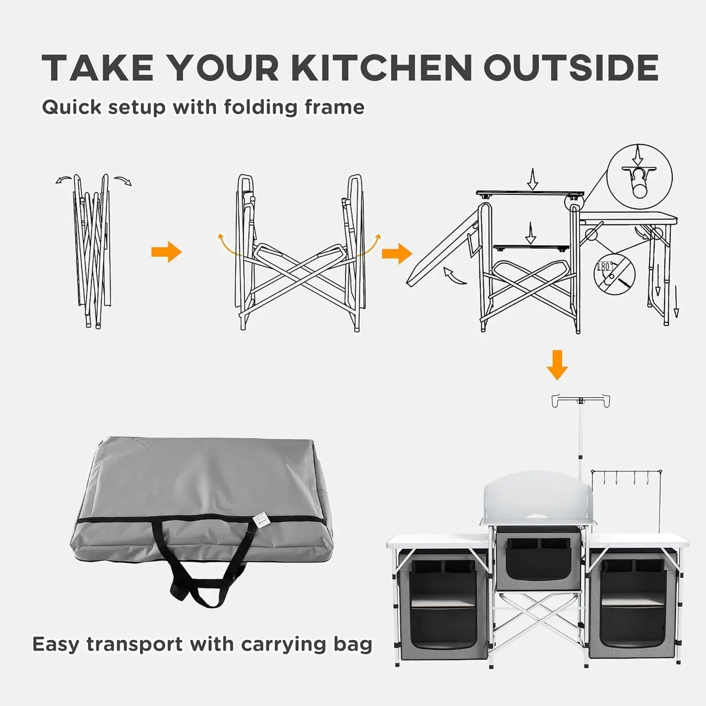 Camping Kitchen Table, Portable Folding Camp Kitchen, Aluminum Cook Station with 3 Fabric Cupboards, Windshield, Carrying Bag