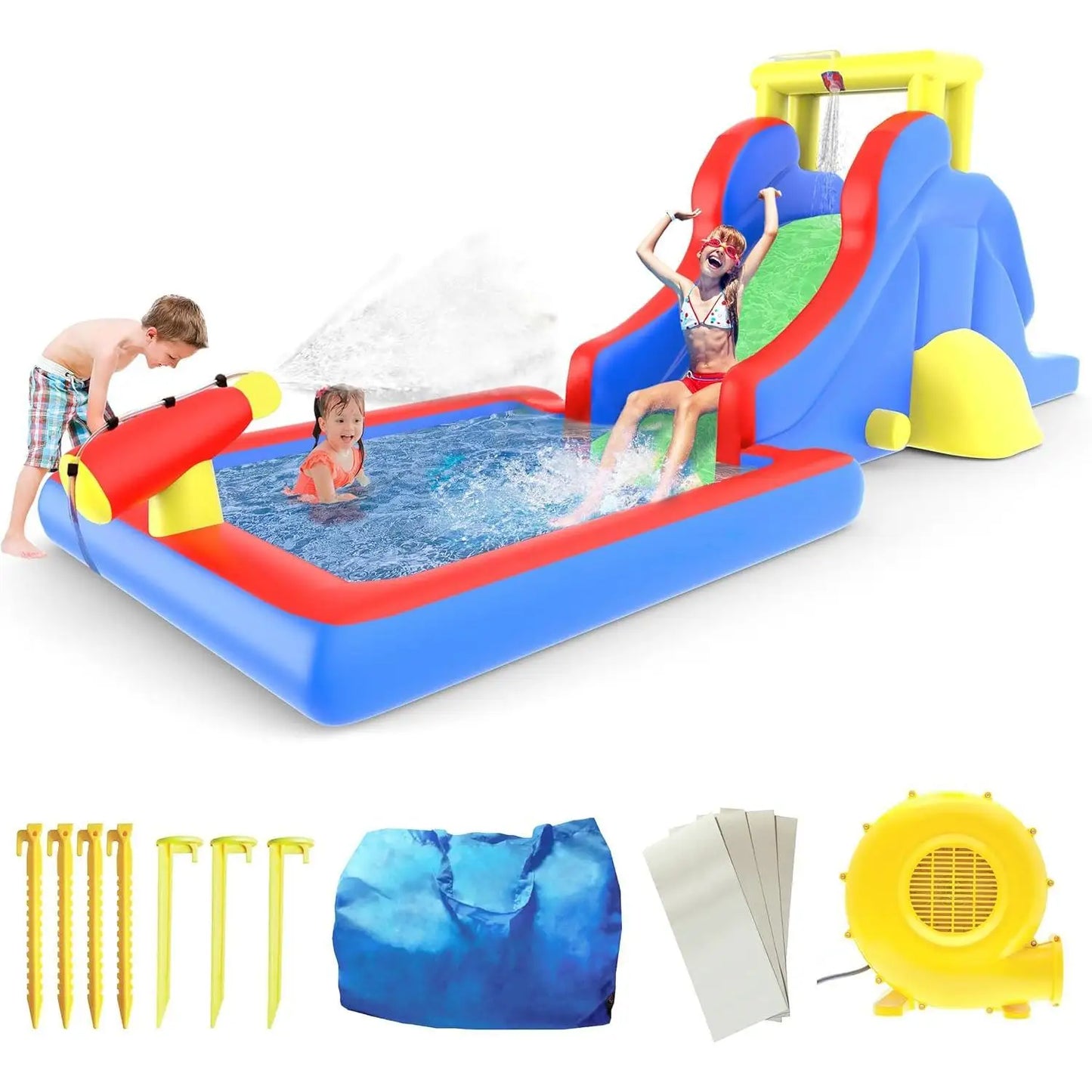 Water Slide Park Inflatable Bouncing House w/Pool Area (Splash Zone), Climbing Wall, Shower Head Sprays Mounts, Water