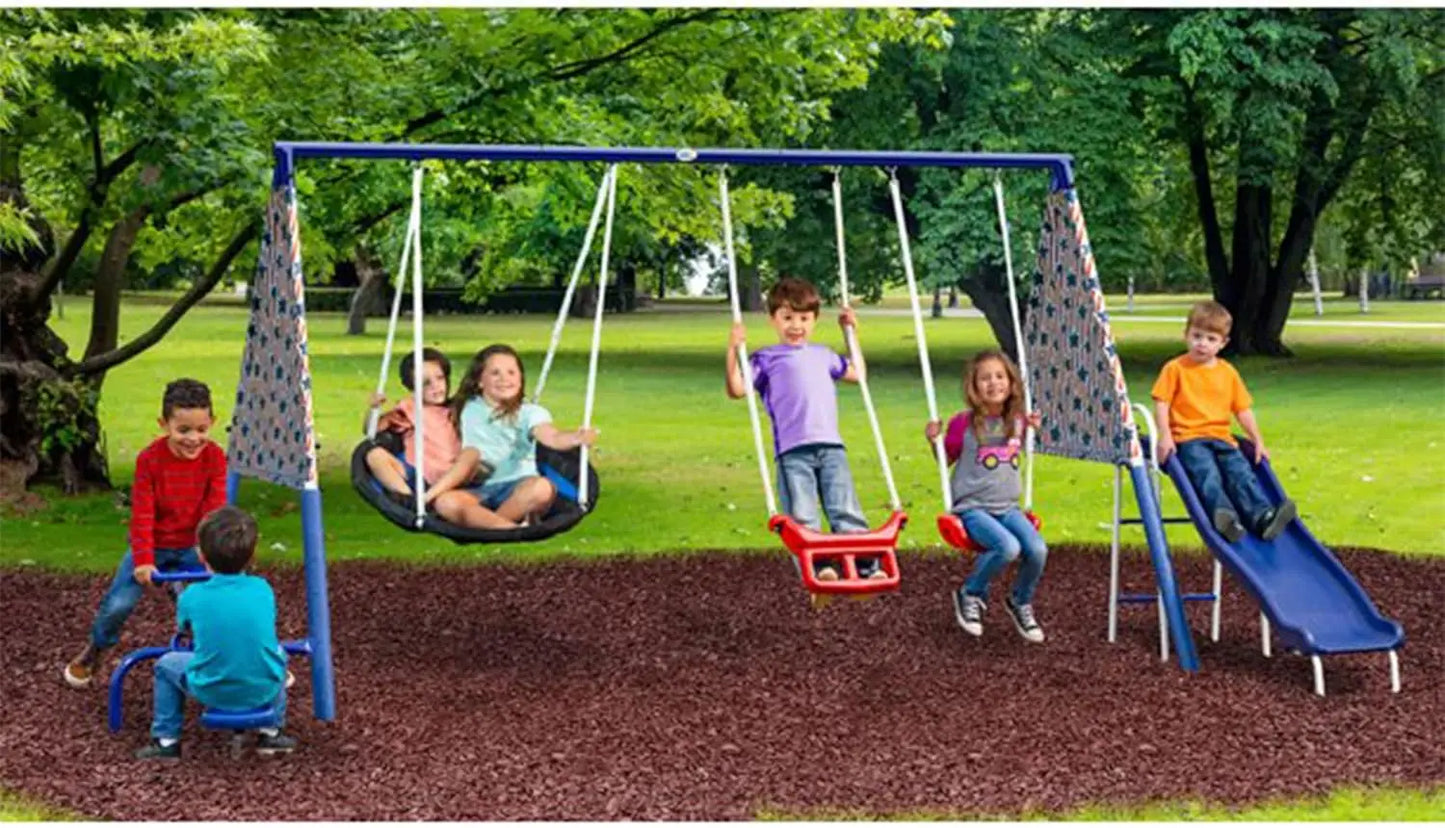 Freedom Fun Metal A-Frame Kids Outdoor Swing Set 7 Child Capacity Backyard Playground Toy Set with Slide, 3 Swing Types, and See