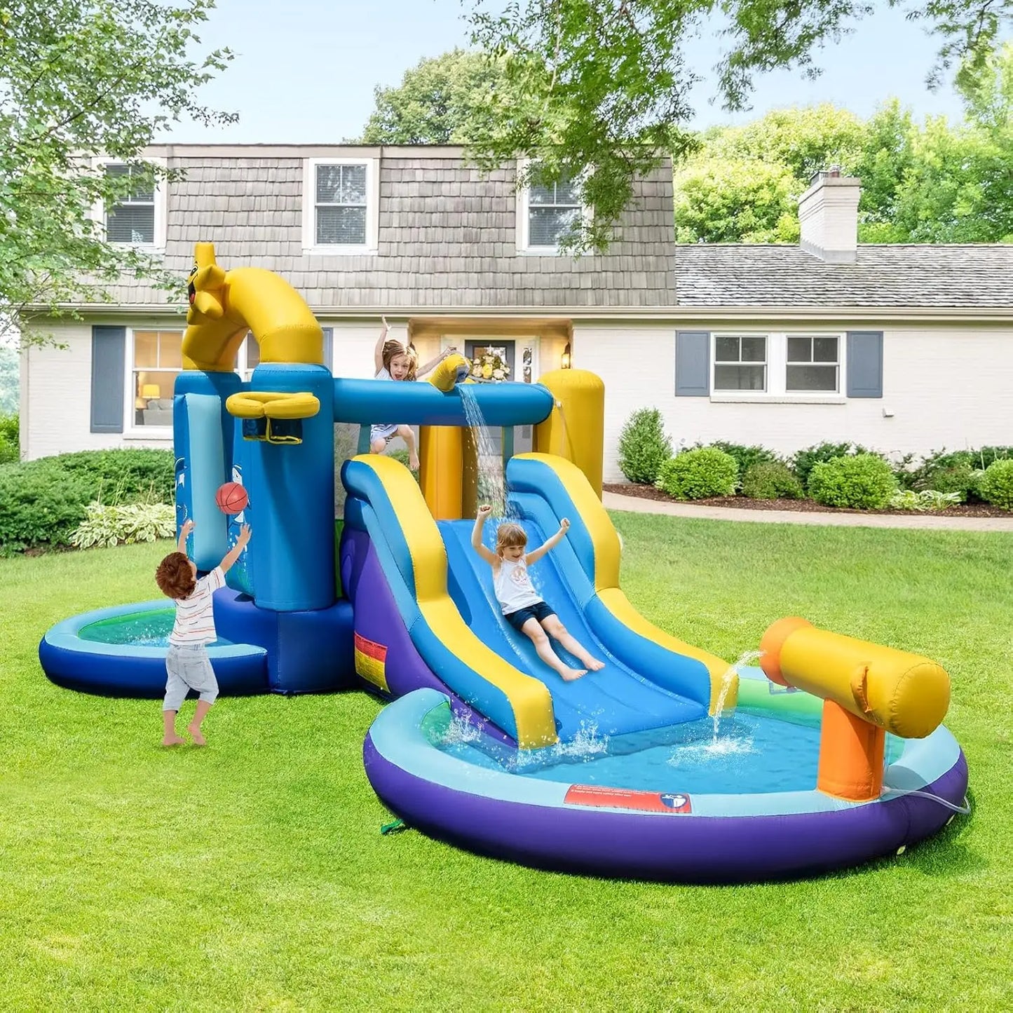Inflatable Water Slide, Water Bounce House with Waterslide & Ball Pit Wet Dry for Kids Indoor Outdoor Party Family with 735w Blo