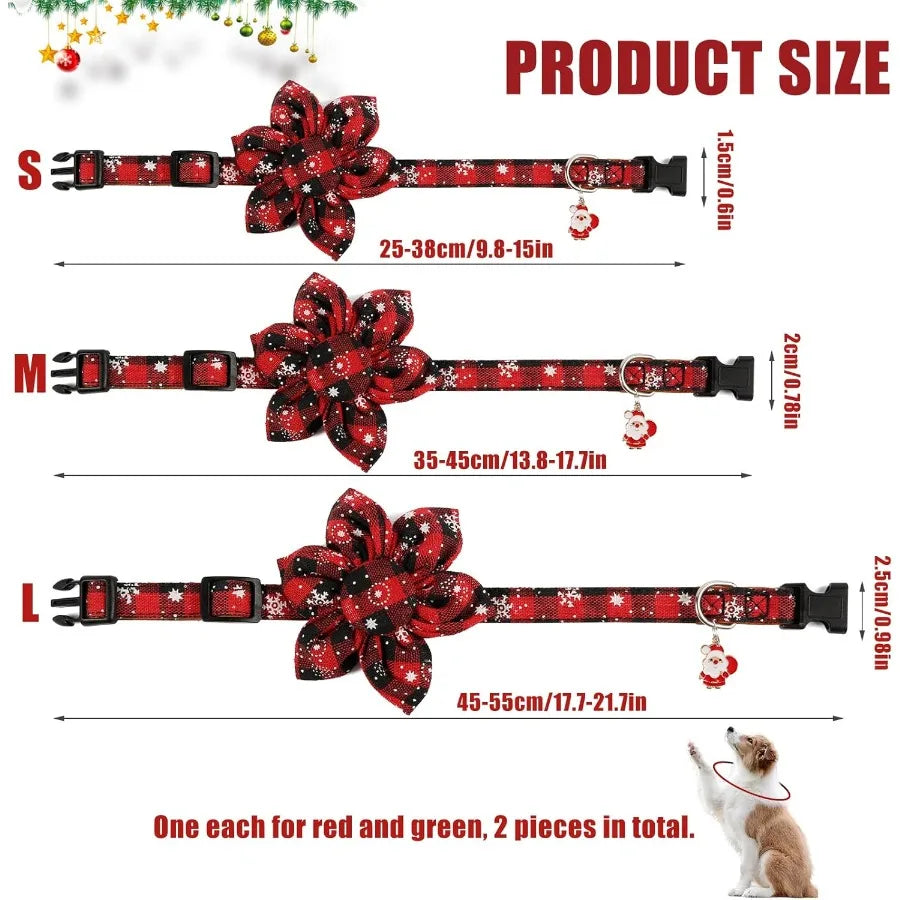2pcs Christmas Dog Collar with Flower Adjtable Plaid Dog Collar Detachable Holiday Dog Collars with Pendant Snowflake Pet Chris