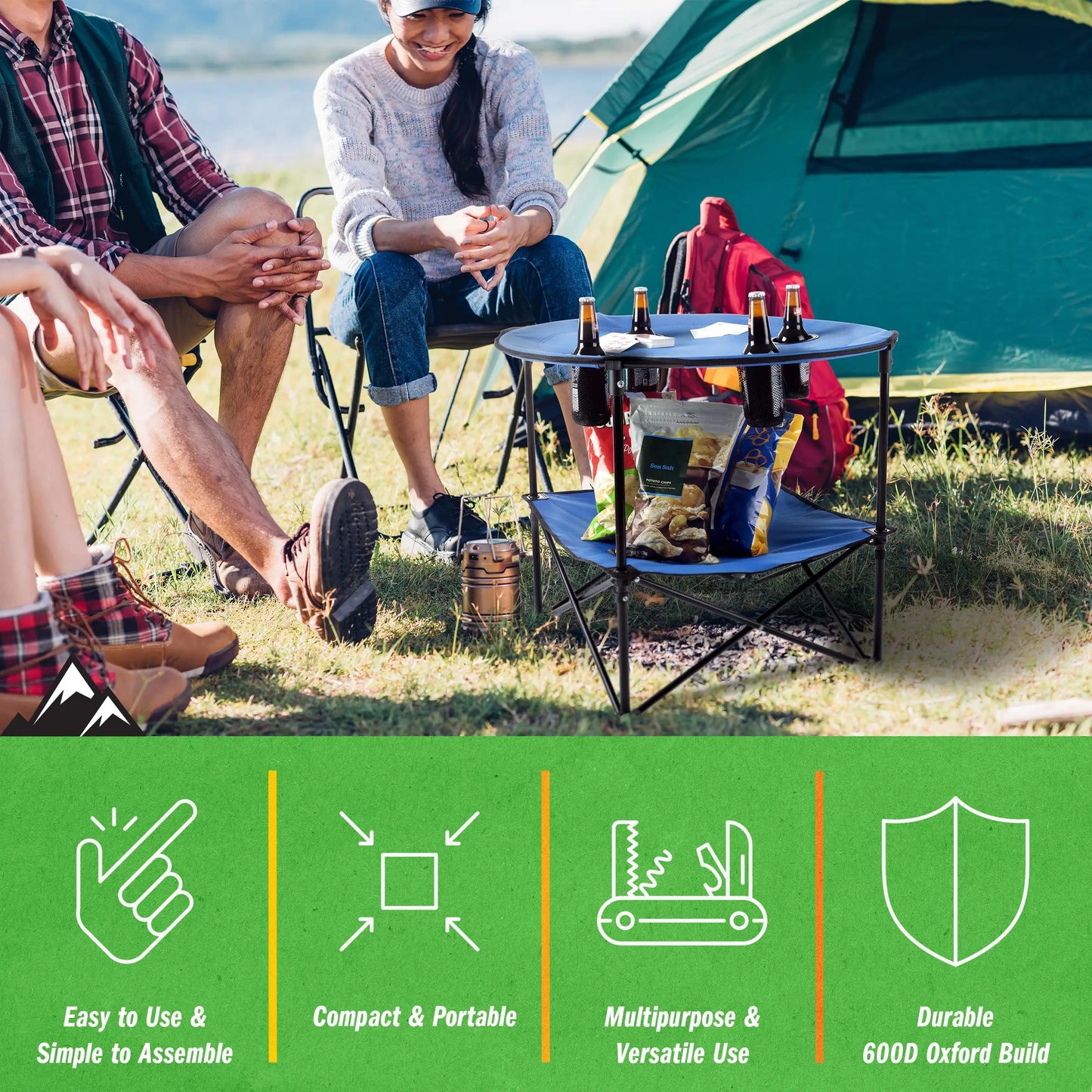 Camp Table - Round 2-Tier Folding Table with 4 Cupholders and Carrying Bag - for Camping, Beach,Picnic, Sporting Events,Outdoors