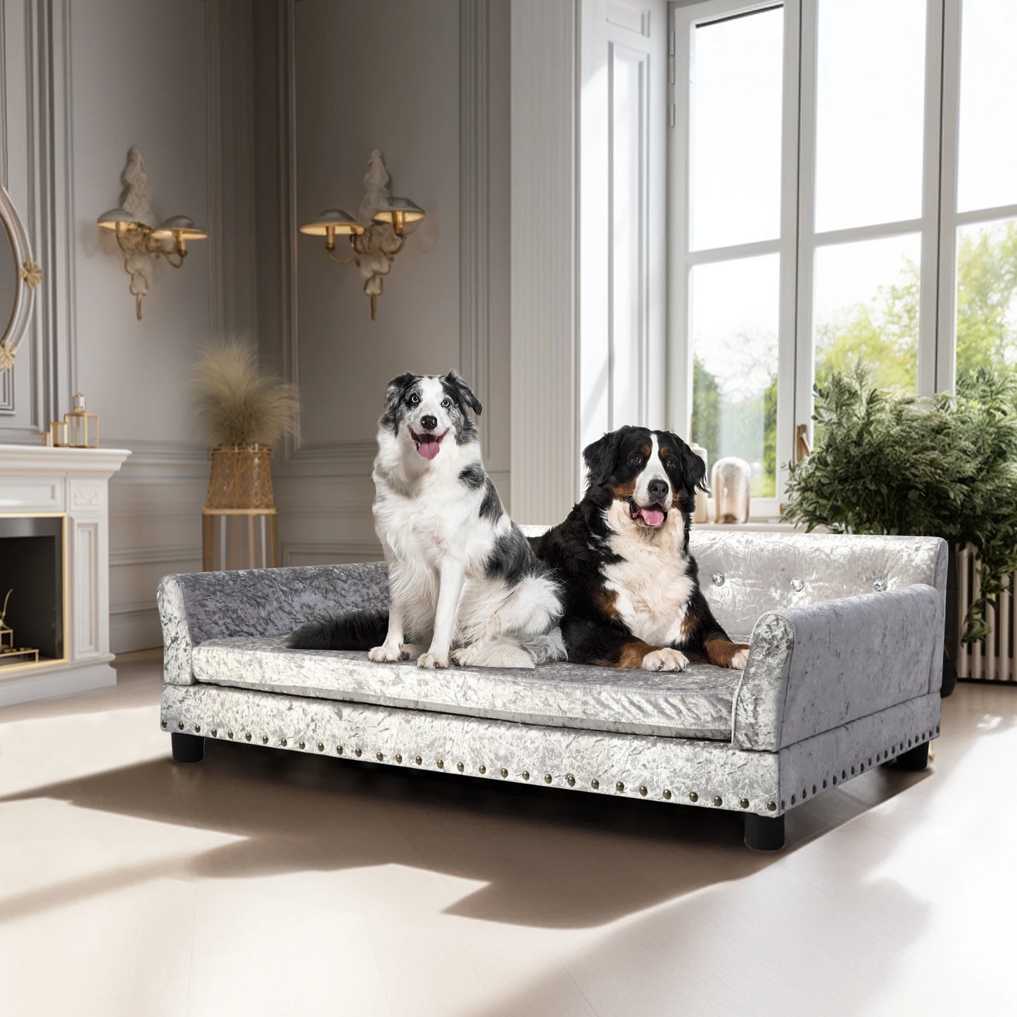 Luxury Velvet Tufted Dog Sofa Bed Large Elevated Pet Bed Upholstered Cushion Wooden Frame Sofa Couch