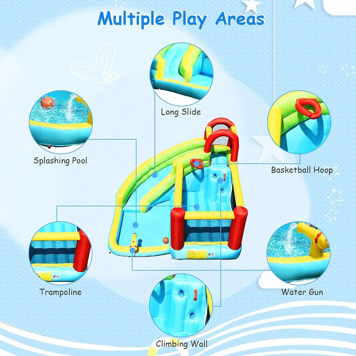 Inflatable Water Slide with 550W Blower, Water Park Waterslide Inflatables w/Jumping Bouncy Castle, Long Slide, Climbing Wall