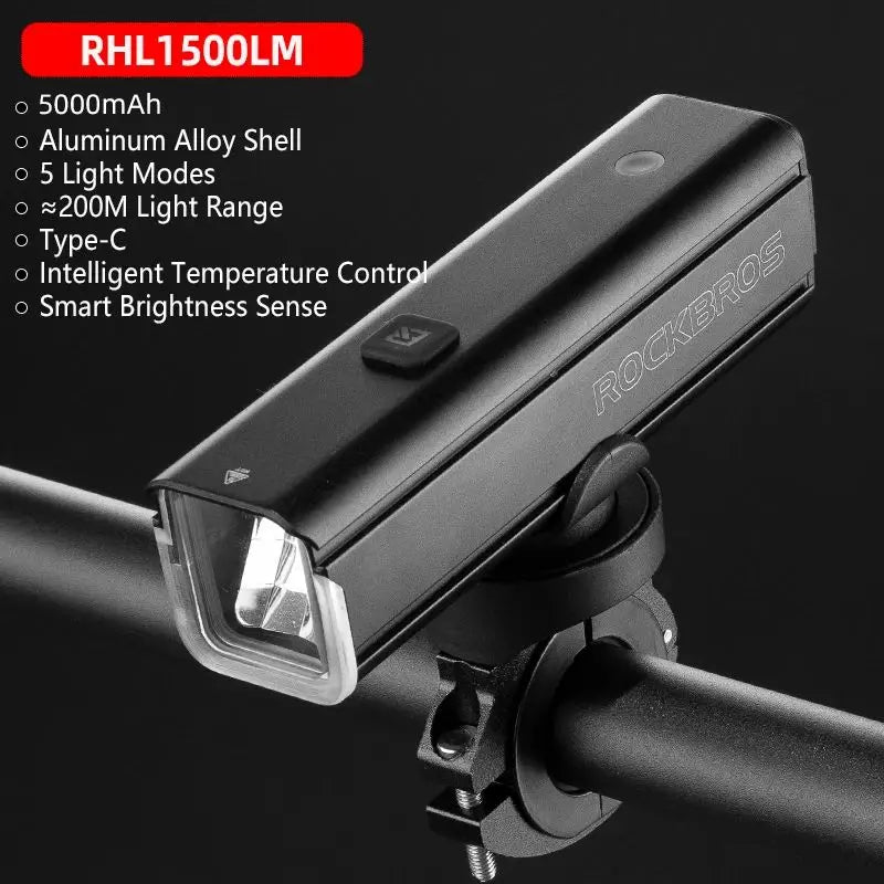ROCKBROS Bicycle Light 1500LM 5000mAh Type-C Charging Bike Light Smart IPX6 Aluminum Alloy Light Front Lamp Cycling Headlight