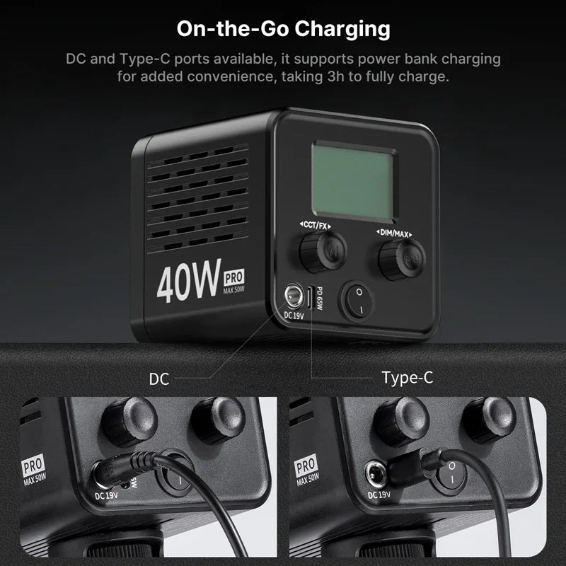 Ulanzi L023 40W Pro Portable LED Video Light Bi-Color COB Photographic Studio Light 2500K-6500K 3400mAh for Video Live-streaming