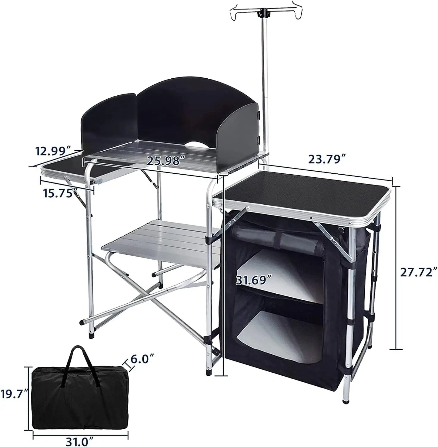 Folding Cooking Table Outdoor Portable Cook Station Aluminum Camping Kitchen with Storage Organizer Windscreen Hooks for BBQ Par