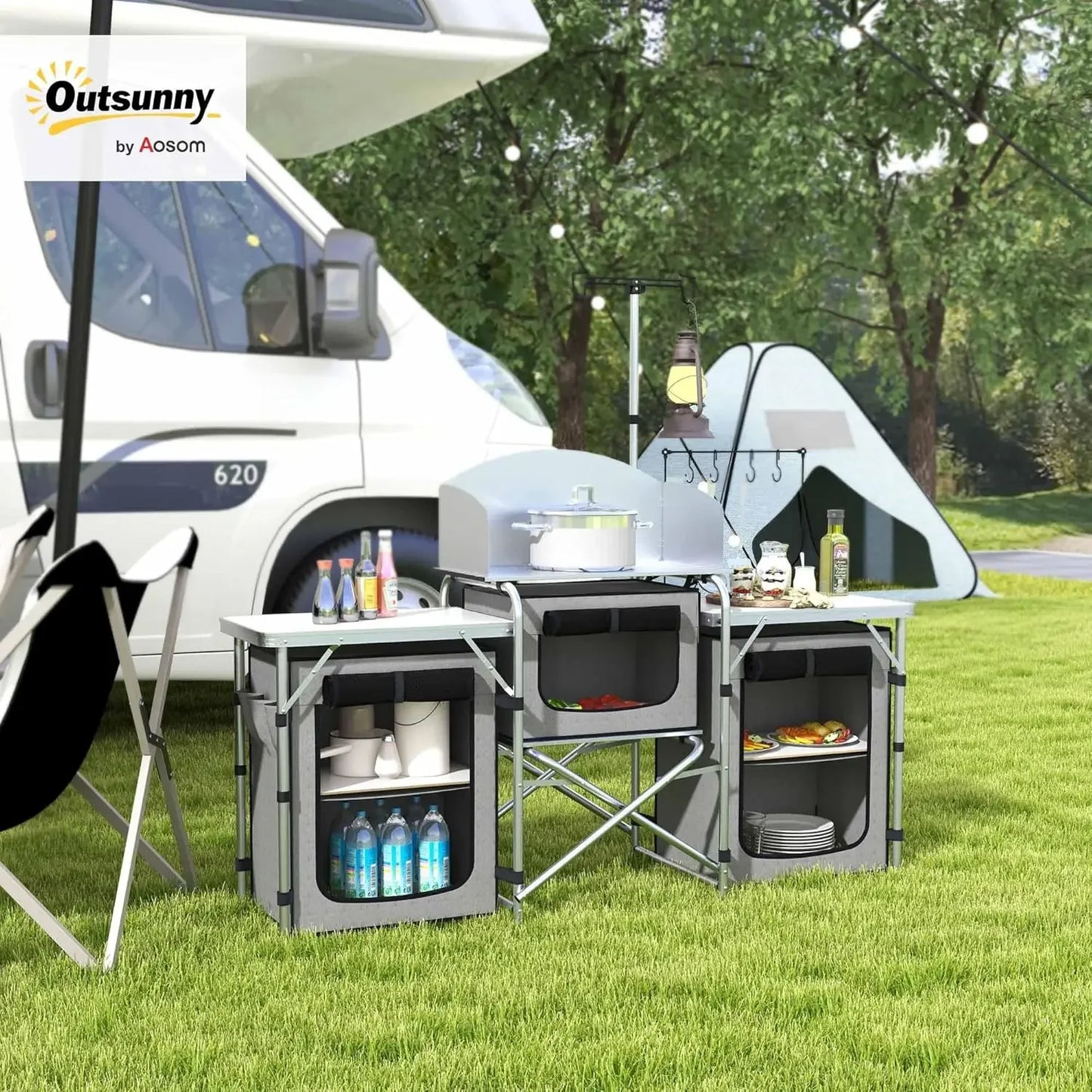 Camping Kitchen Table, Portable Folding Camp Kitchen, Aluminum Cook Station with 3 Fabric Cupboards, Windshield, Carrying Bag