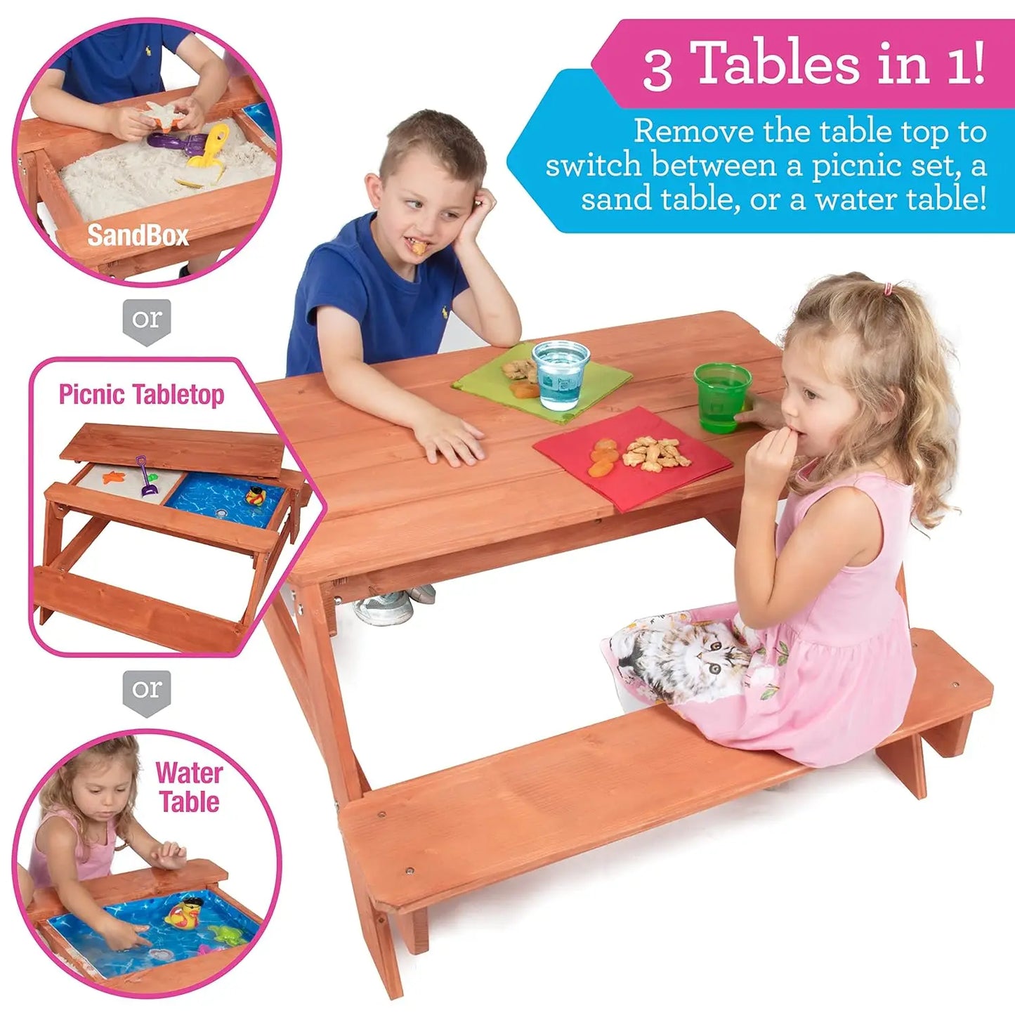 3 in 1 Sand & Water Indoor/Outdoor Picnic Table - Kids Activity Set with Removable Top & Dual Drains for Easy Cleaning (43 X 35