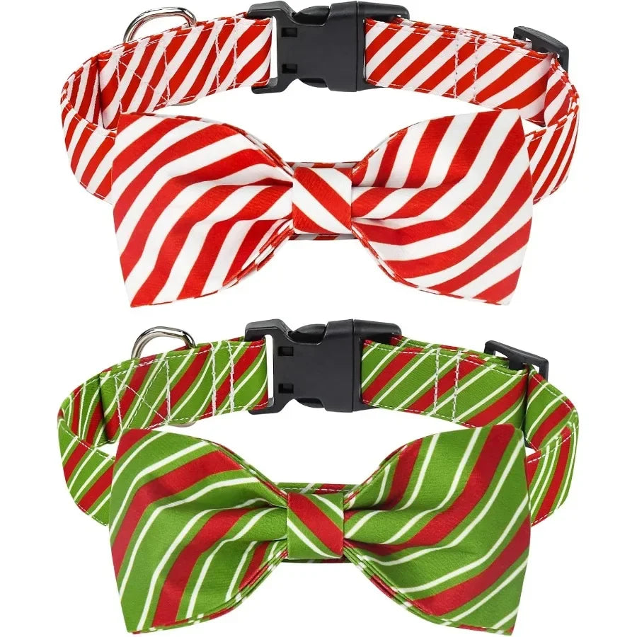 2 Pack Christmas Collar with Bowtie Classic Stripe Dog Christmas Collar for Girl and Boy Cute Adjustable Collars for Small Medi