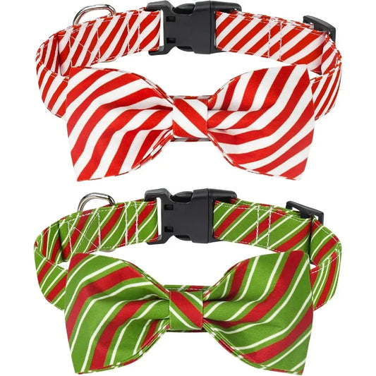 2 Pack Christmas Collar with Bowtie Classic Stripe Dog Christmas Collar for Girl and Boy Cute Adjustable Collars for Small Medi
