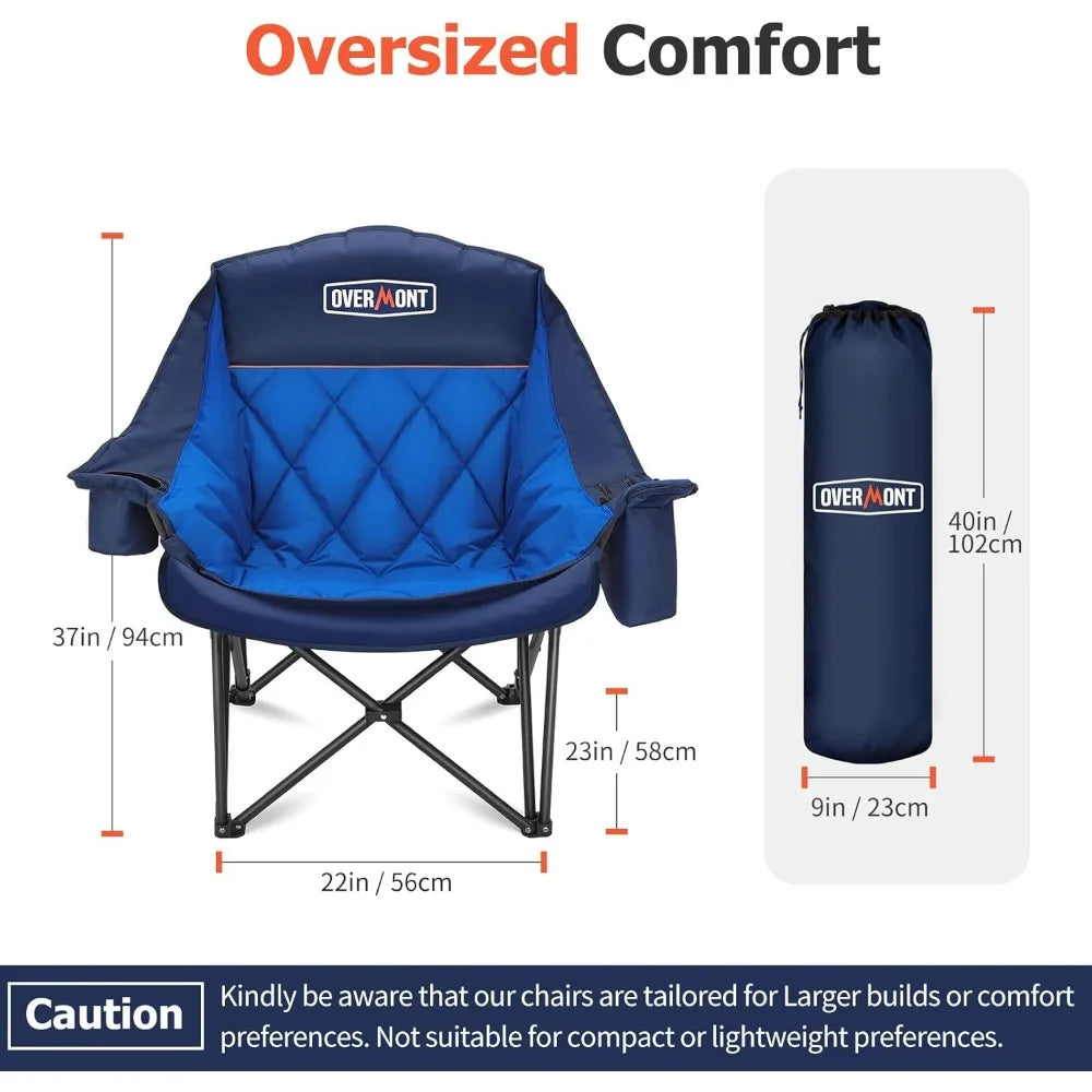 Oversized XL Camping Chair for Adults - 450lbs Support Heavy-Duty Padded Folding Chair with Side Pocket Cup Holder Cooling Bag