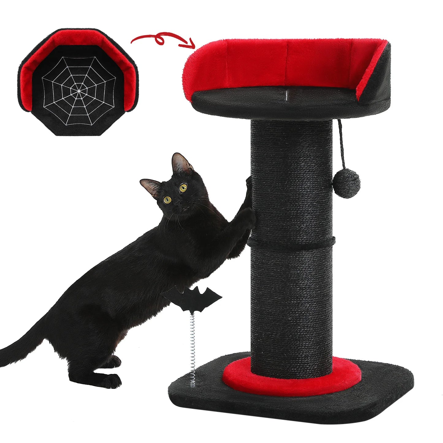 Stable Black Gothic Cat Scratching Post with Super Thick Scratching Post,Removable Spiderweb Pattern Cat Bed,Spring Ball,Cat Toy
