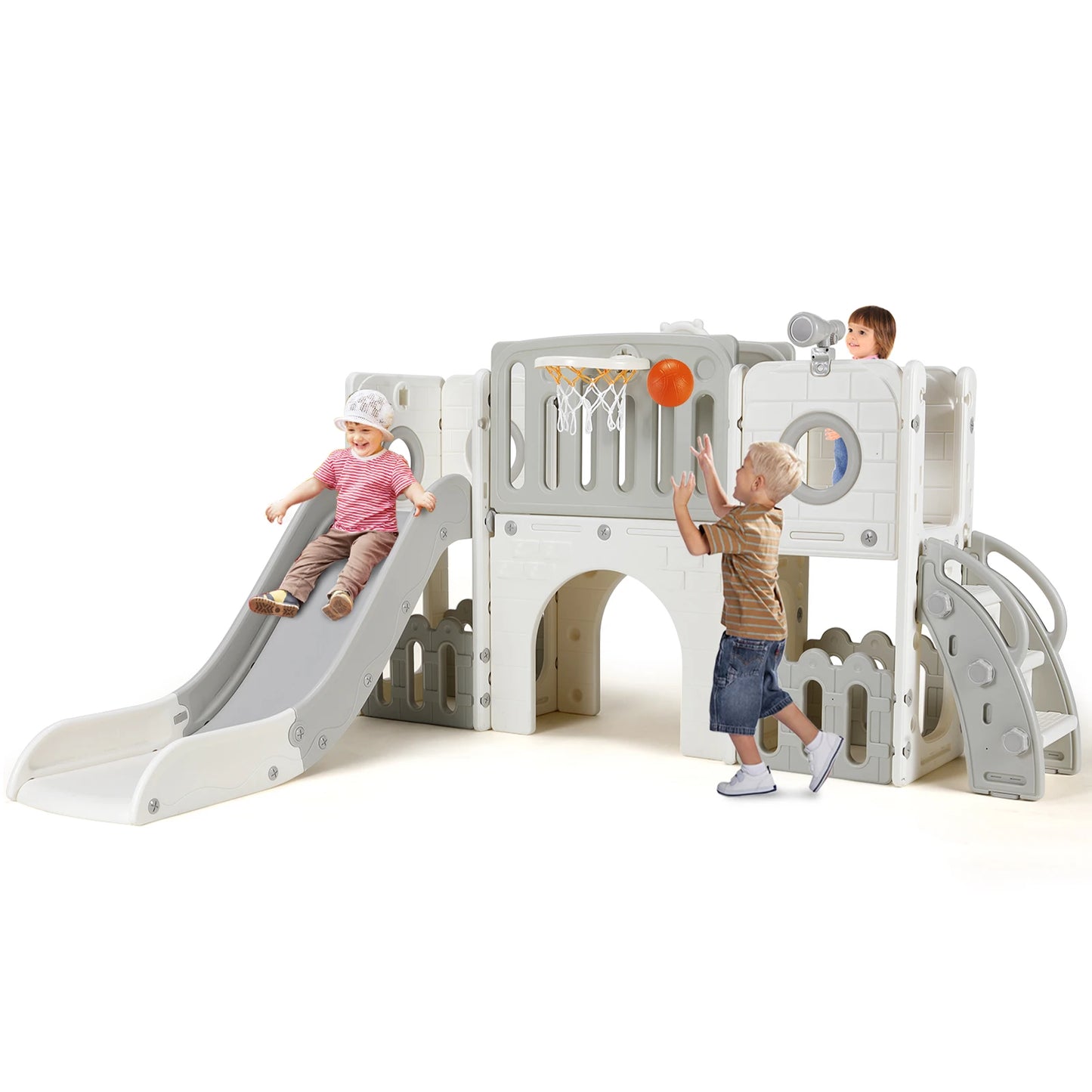 Toddler Slide, 9 in 1 Kids Slide and Climber Playset Indoor Outdoor Playground for Children, w/Basketball Hoop & Ball Telescope