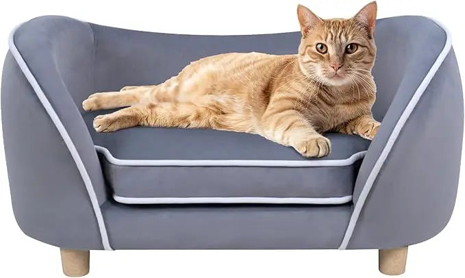 "gray 27-inch pet sofa with cushion, removable cover and wooden legs for small dogs and cats"