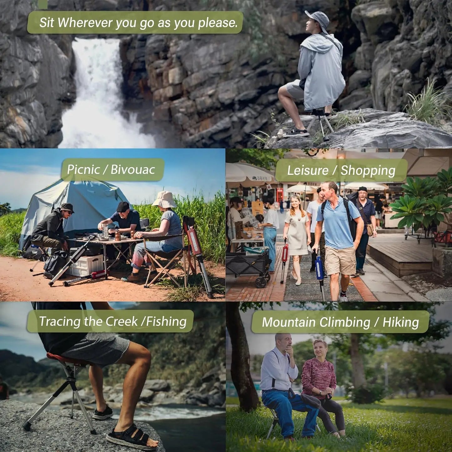 2- Portable Walking Stick, Cane with Seat, Foldable Chair, Hiking Stick, for Camping, Hiking, Lightweight Aluminum, Easy Carry,