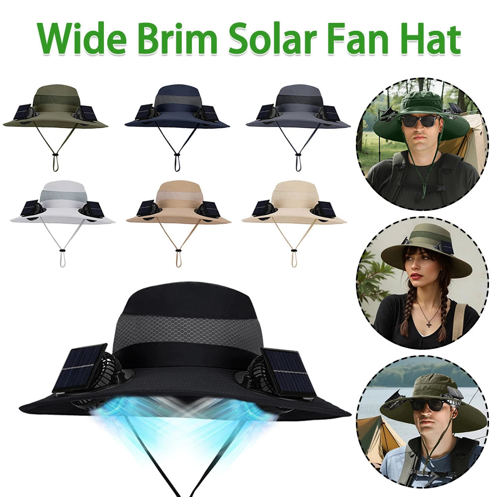 Solar Fan Hat with Solar/Charging Fan Sunshade Fishing Hat Waterproof Large Edge Cooling Hat for Outdoor Riding Hiking Fishing
