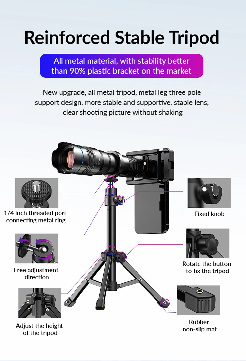 APEXEL 36X Metal Telephoto Lens with Tripod Zoom Telescope Monocular  for iPhone Samsung Shooting Birds Watching Concert Sports