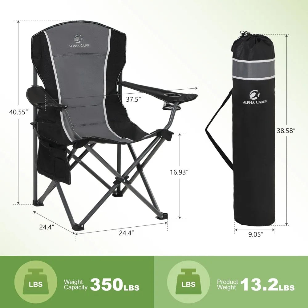Heavy-Duty Outdoor Folding Chair with Cup Holder and Storage, Supports Up to 350 LBS, Comfortable Armchair for Camping and Outdo