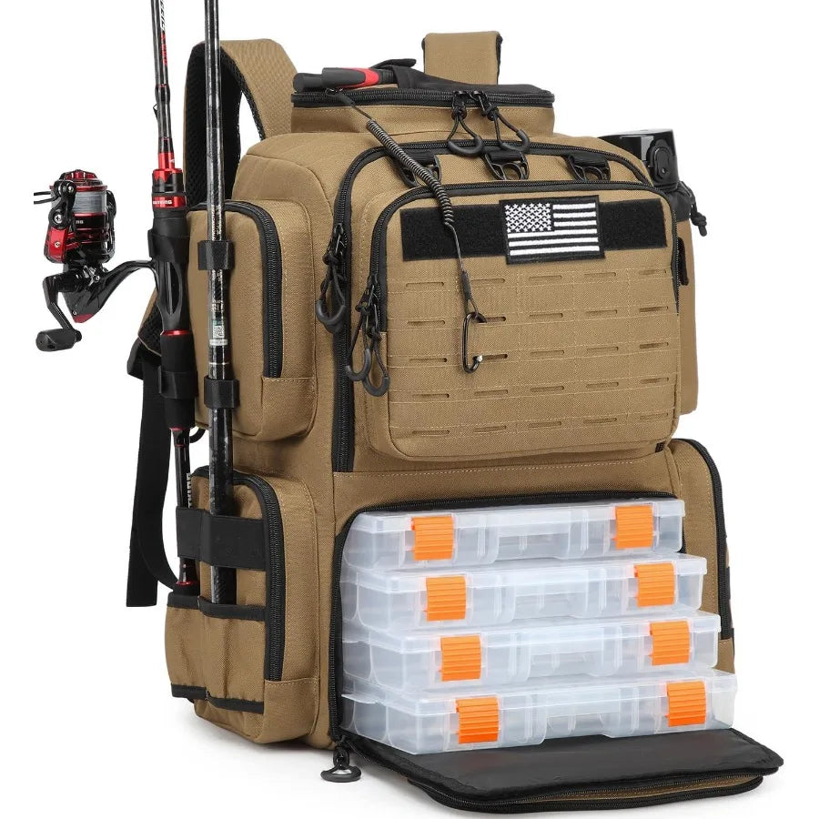 Tactical Fishing Backpack with Tackle Boxes Rod Holders Bottle Holder 50 L Large Durable Fishing Bag Store Gear and Equipment 9