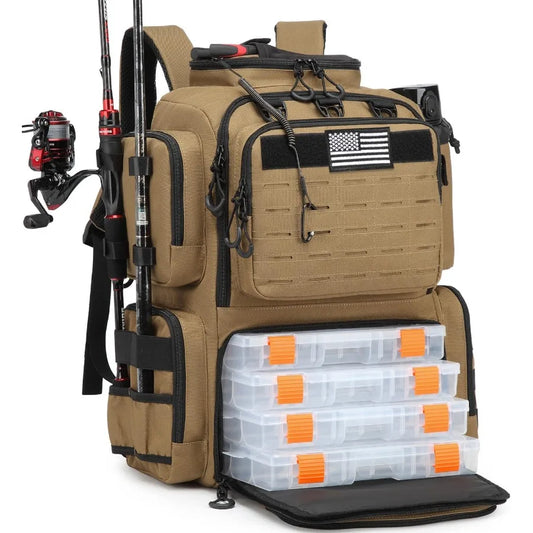 Tactical Fishing Backpack with Tackle Boxes Rod Holders Bottle Holder 50 L Large Durable Fishing Bag Store Gear and Equipment 9
