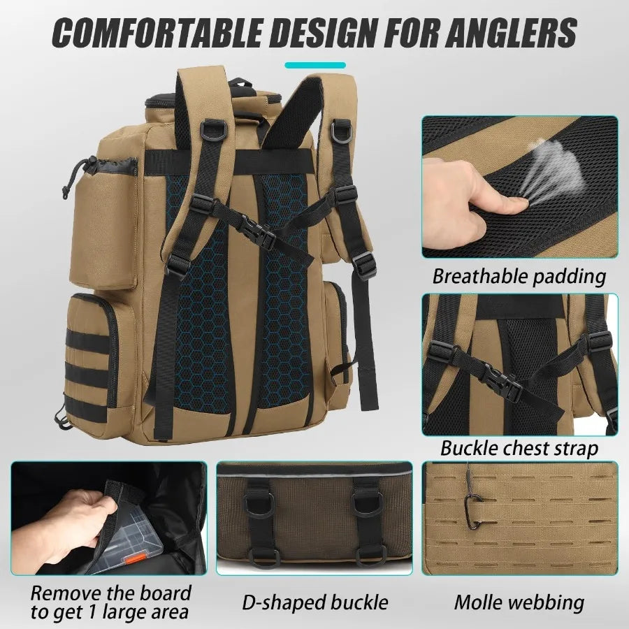 Tactical Fishing Backpack with Tackle Boxes Rod Holders Bottle Holder 50 L Large Durable Fishing Bag Store Gear and Equipment 9