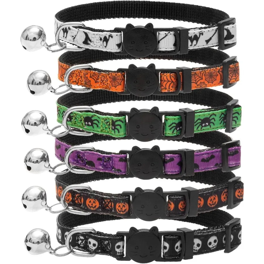 Halloween Cat Collar with Bell 6 Packs Breakaway Soft Adjustable Kitten Kitty Collars for Small Pet Puppy Bunny with Safety Rel