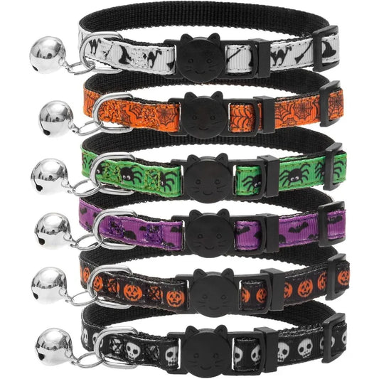 Halloween Cat Collar with Bell 6 Packs Breakaway Soft Adjustable Kitten Kitty Collars for Small Pet Puppy Bunny with Safety Rel