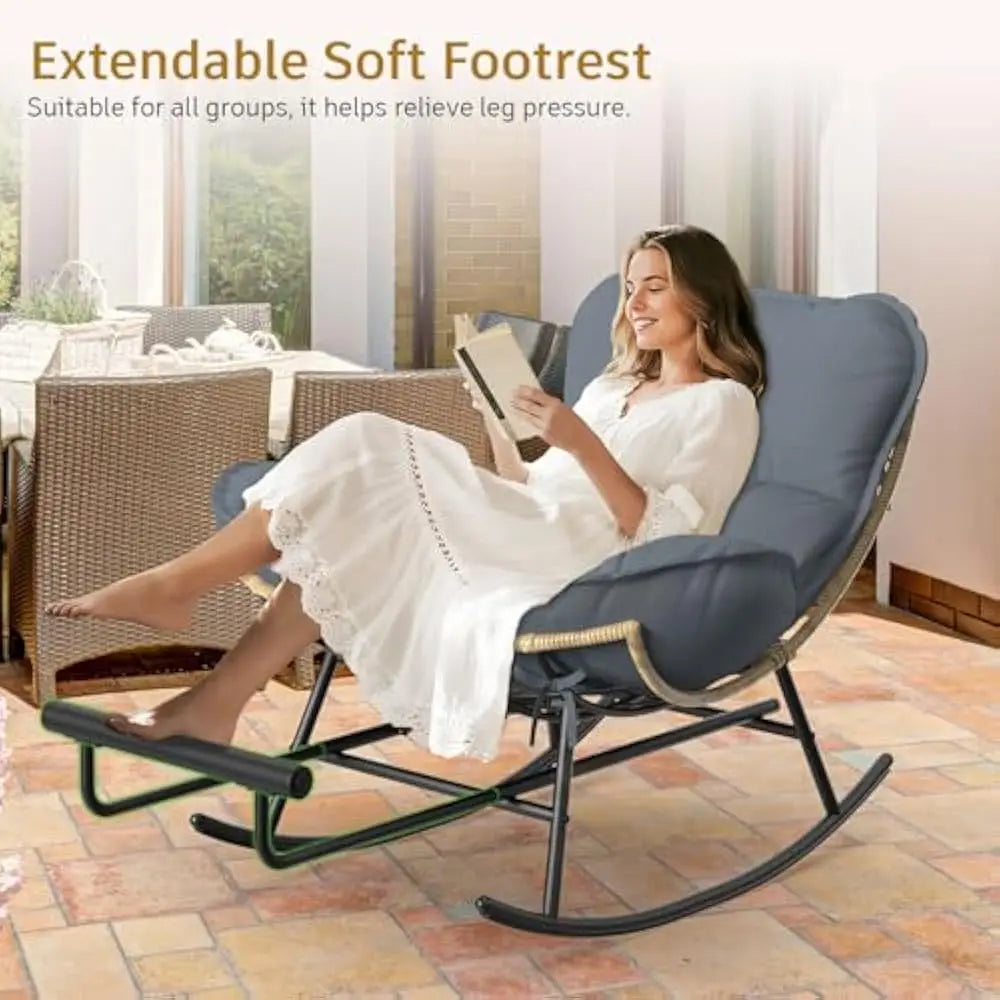 Rocking Chair - Oversized Metal Frame Rocking Chair with All Weather PE Wicker Rattan Rocker and Footrest for Indoor, Patio