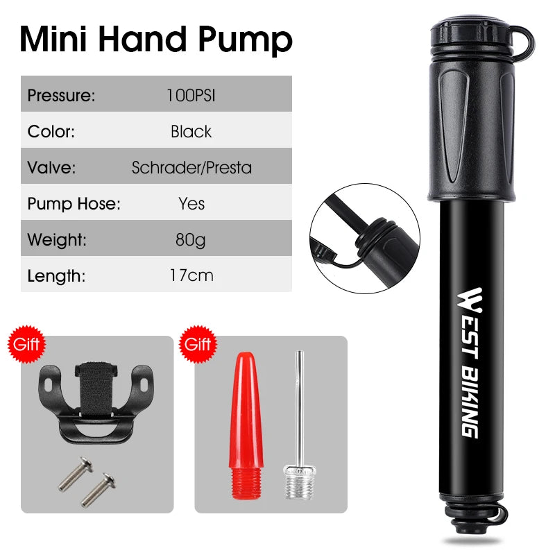 WEST BIKING 100PSI Mini Bike Pump Aluminum Alloy Portable Drop-proof Bike Ultraligh Hand Air Pump MTB Mountain Road Cycling Pump