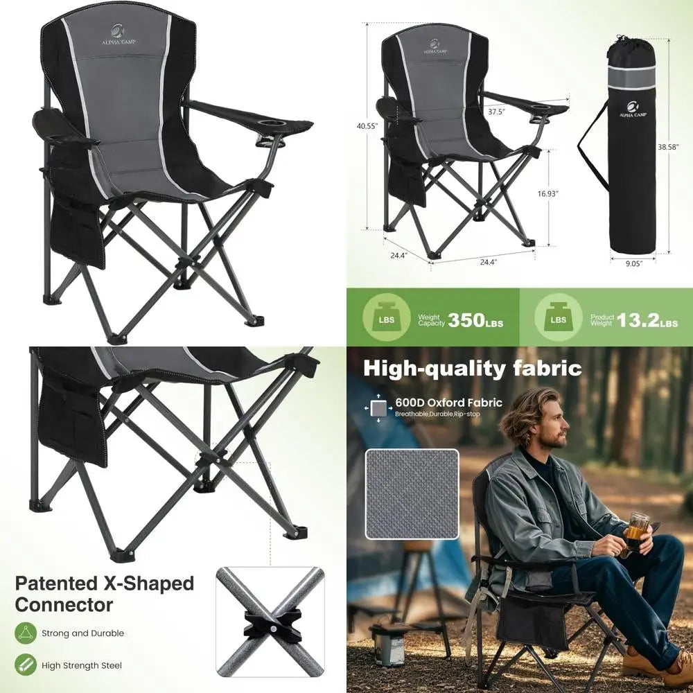 Heavy-Duty Outdoor Folding Chair with Cup Holder and Storage, Supports Up to 350 LBS, Comfortable Armchair for Camping and Outdo